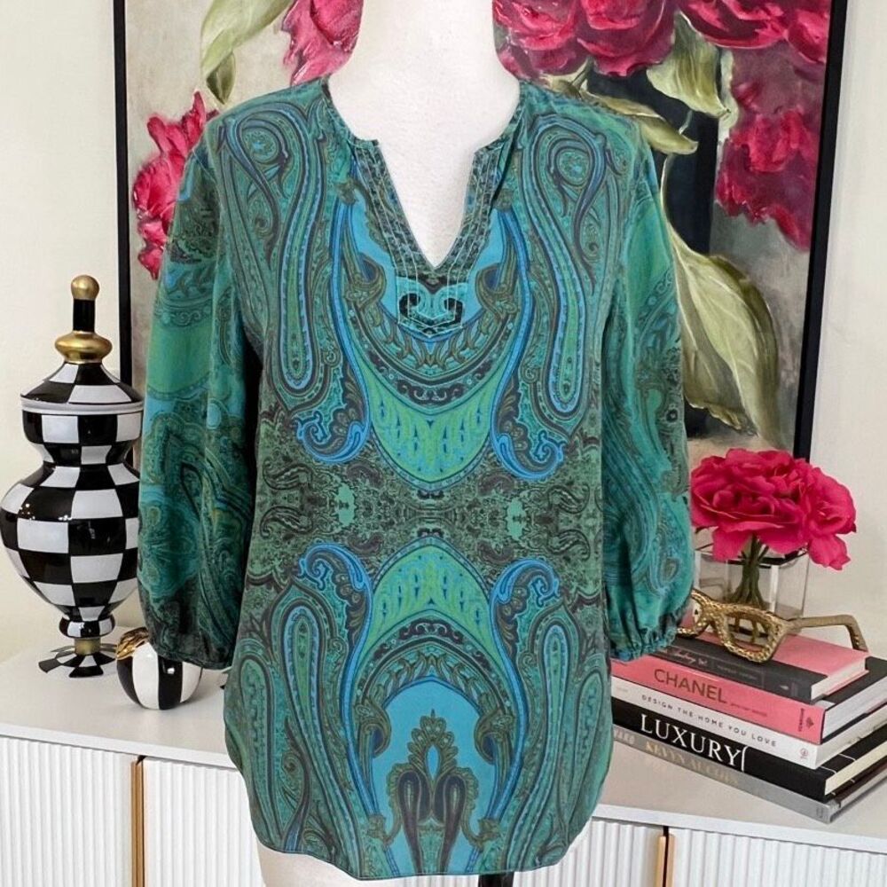 Tianello Women's Silk Paisley Print Split V-Neck 3/4 Blouson Sleeve Top Green XS